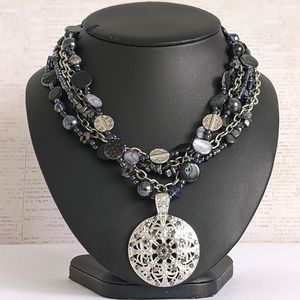 CHICO'S SILVER FILIGREE MEDALLION STATEMENT PENDANT MULTI-STRAND NECKLACE